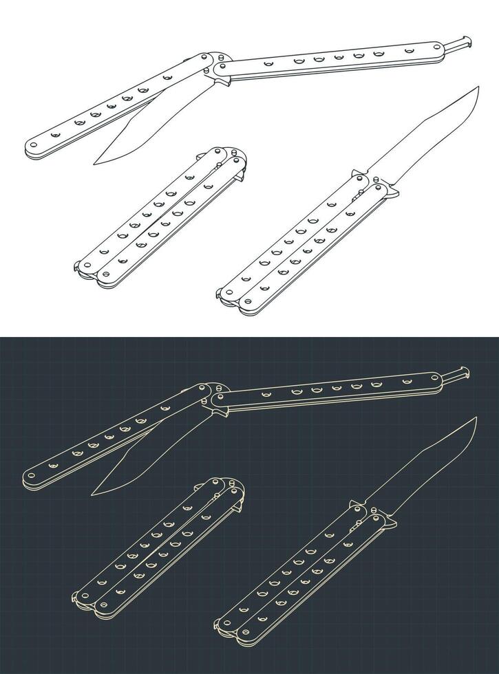 Butterfly knife blueprints vector