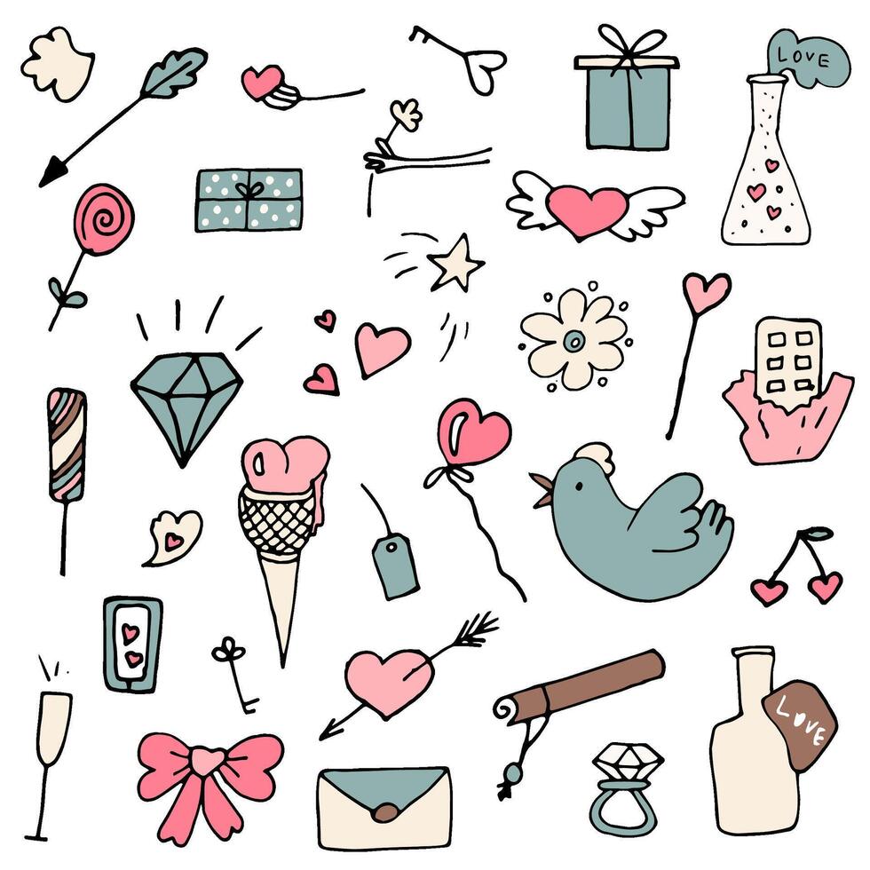 set of romantic icons in doodle style vector