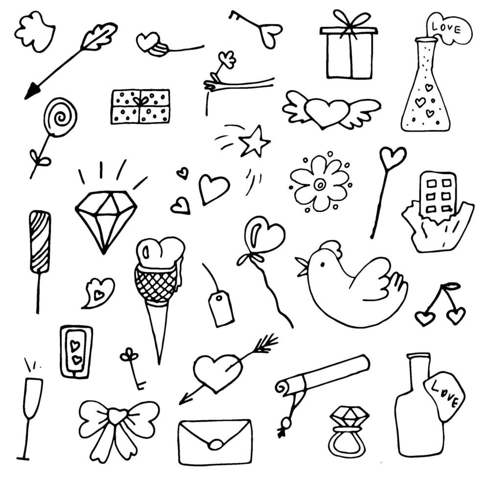 set of valentine icons in doodle style outlined vector