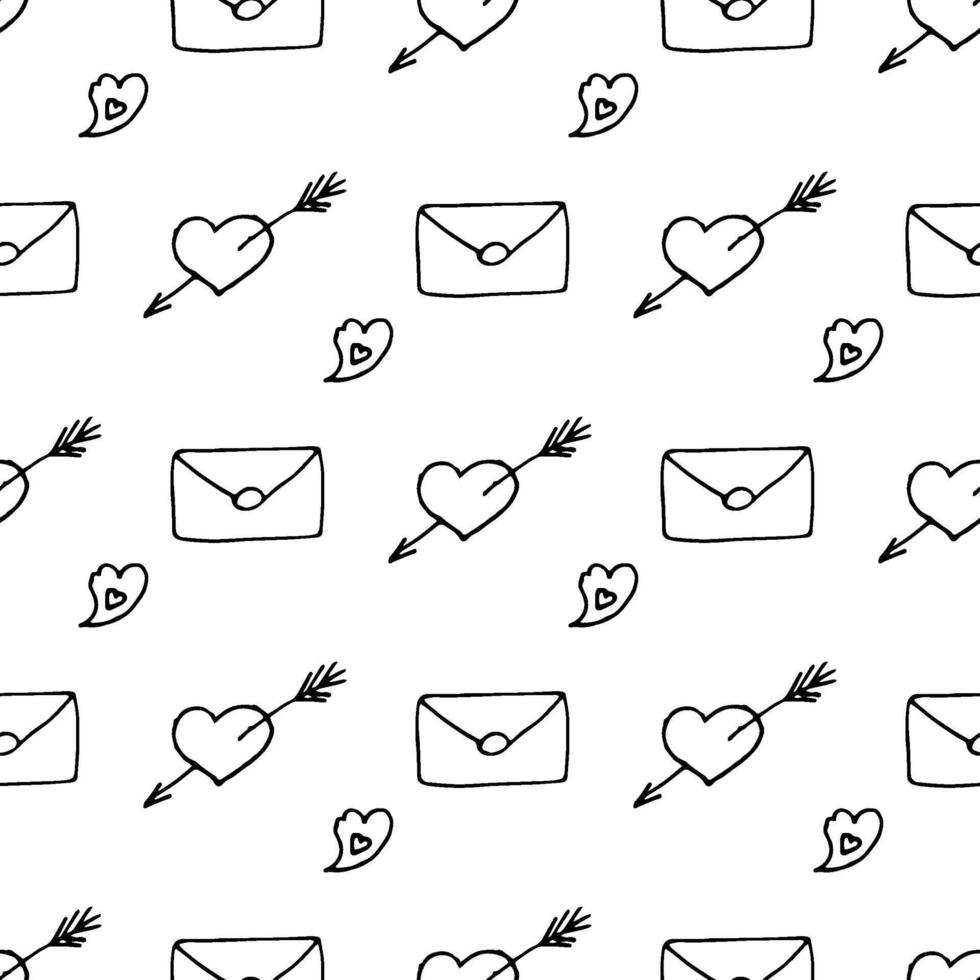 Valentine pattern with hearts and letters in doodle style outlined vector