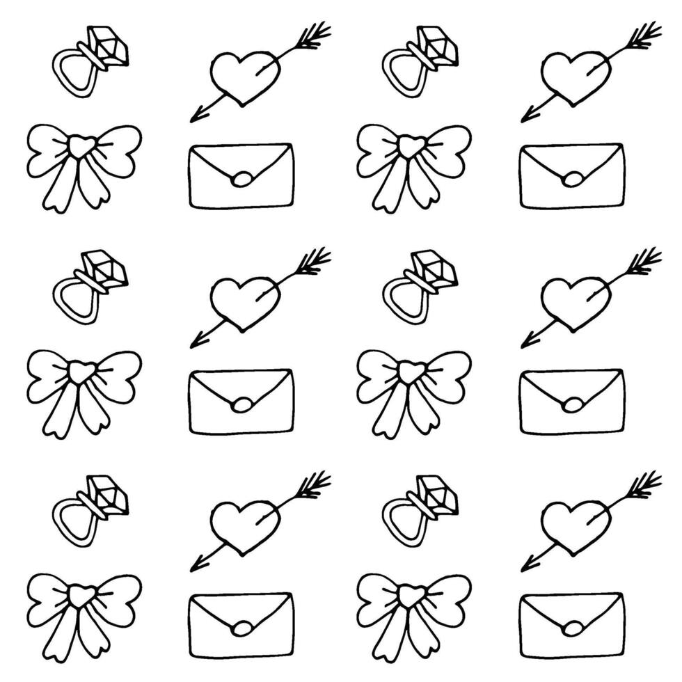 Valentine pattern with hearts, diamond rings and letters in doodle style outlined vector