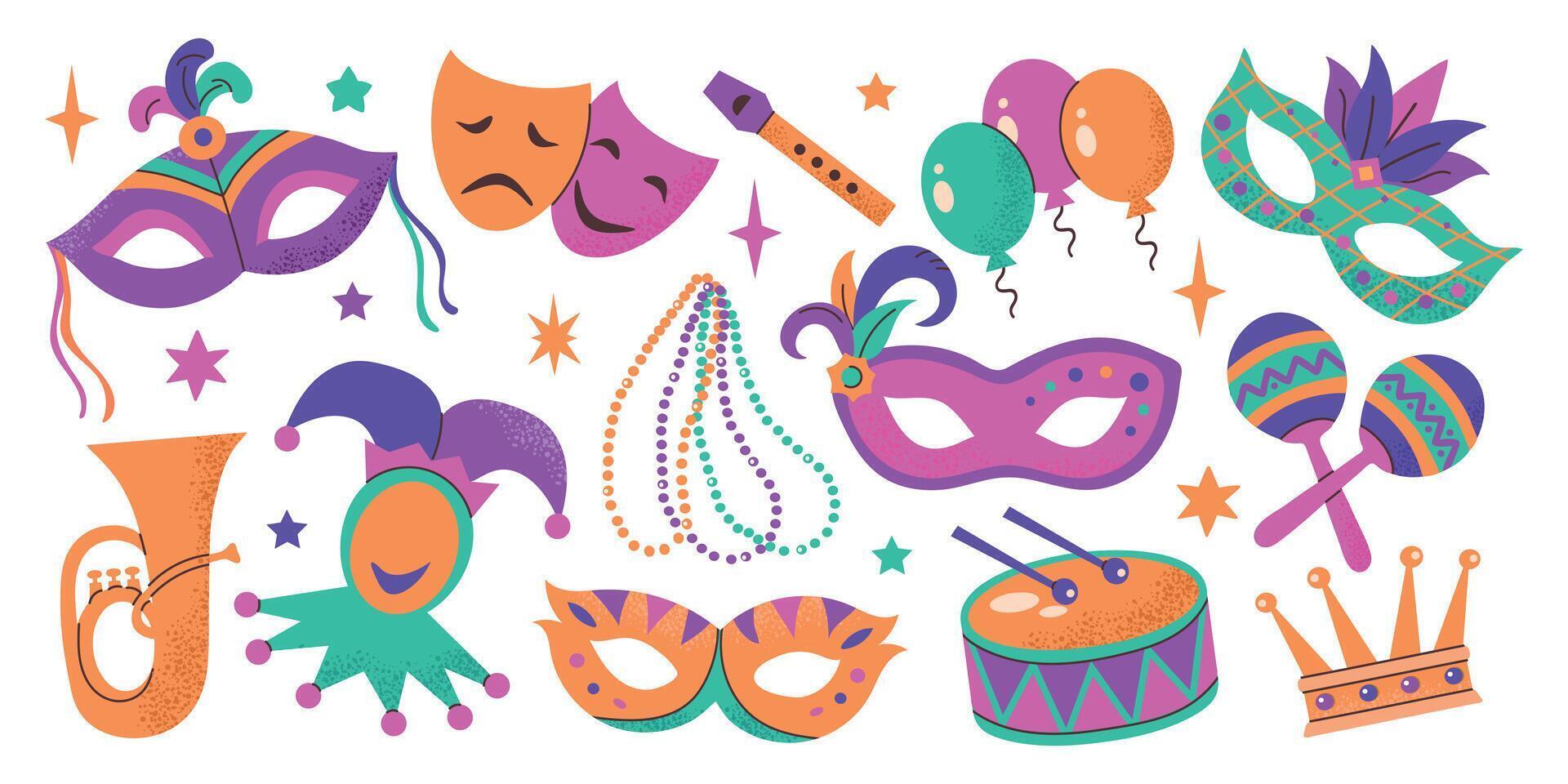 Mardi Gras carnival elements icons collection set illustrations. Mask with feathers, beads, drums, crown, music instruments vector