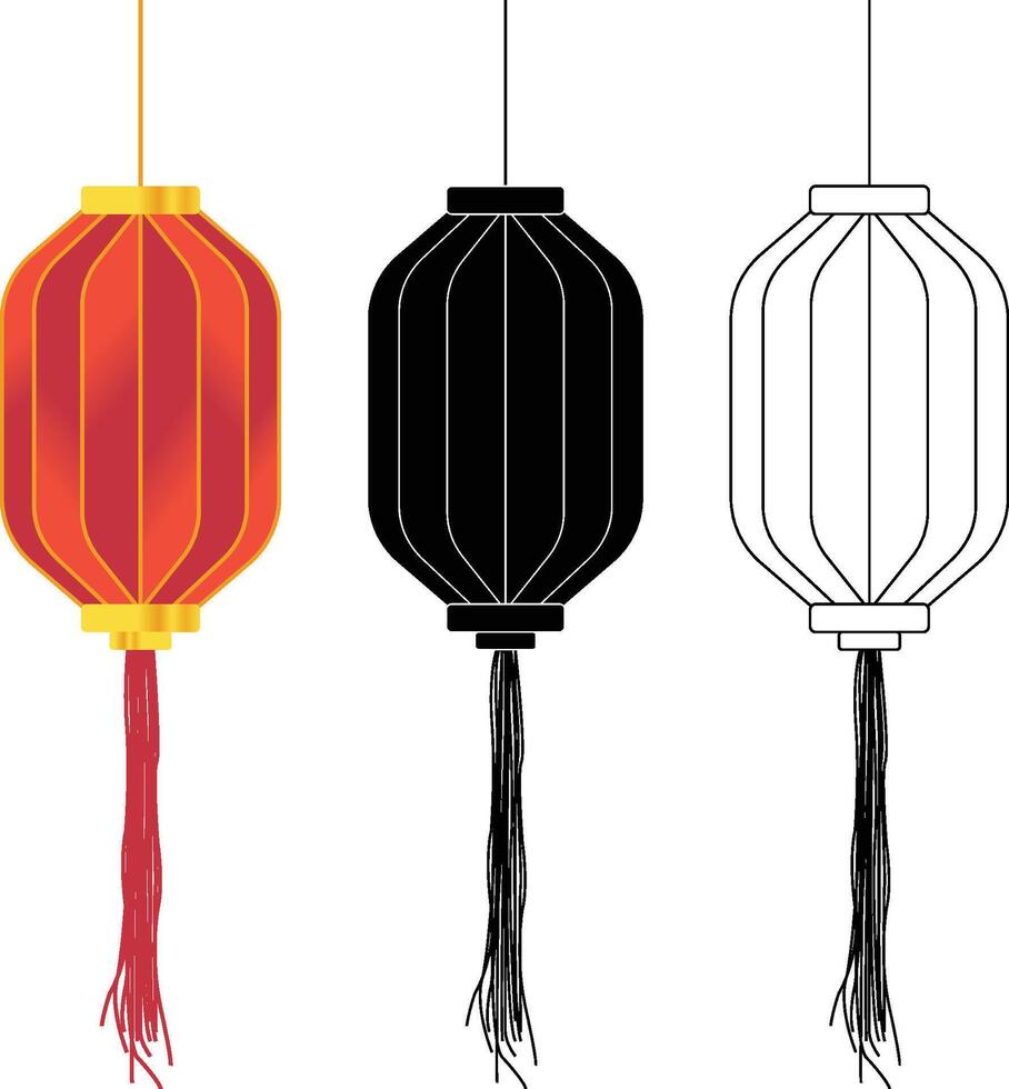 Red Octagonal Chinese Lantern with Red Rope with Black Solid and Outline Version vector