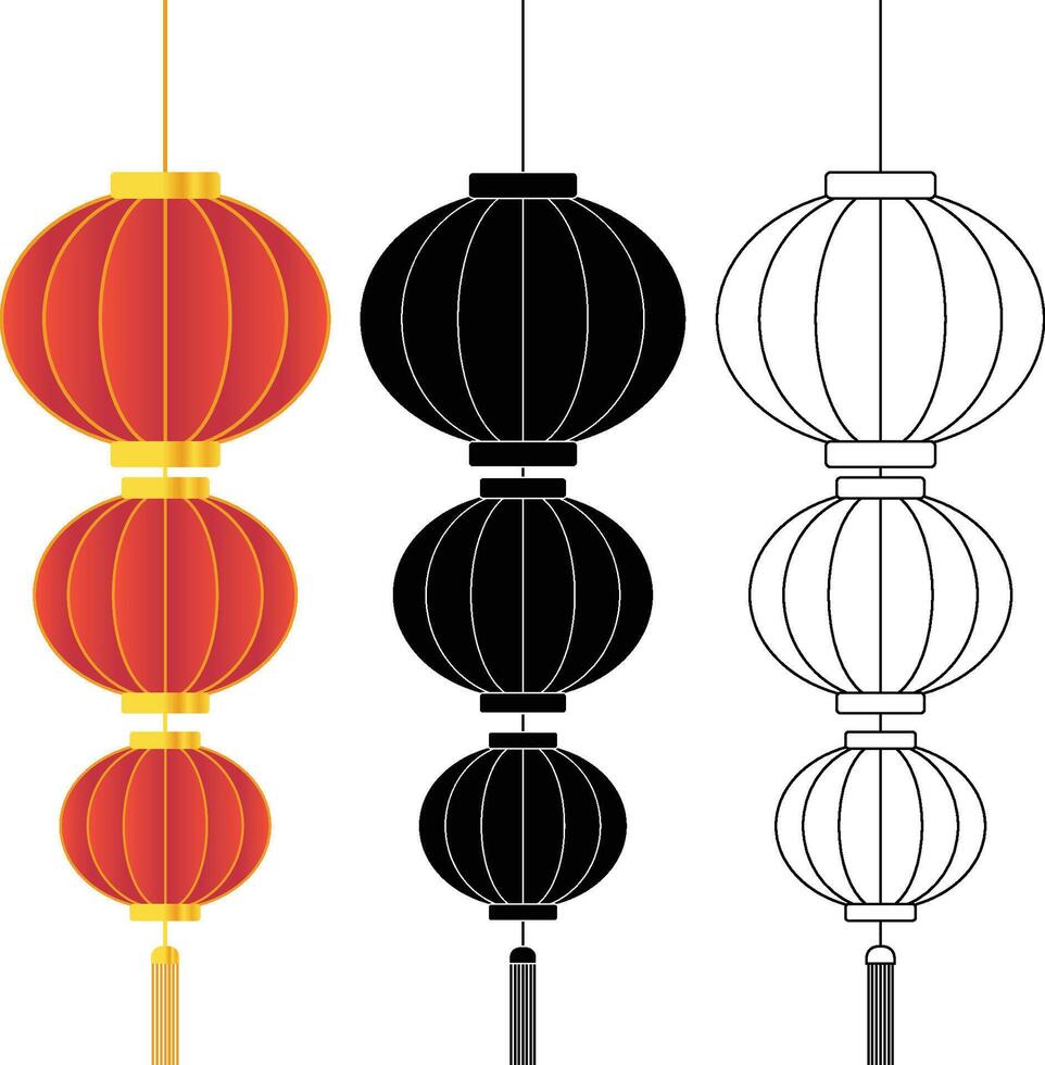 Three levels Red Circle Chinese Lantern with Black Solid and Outline Version vector