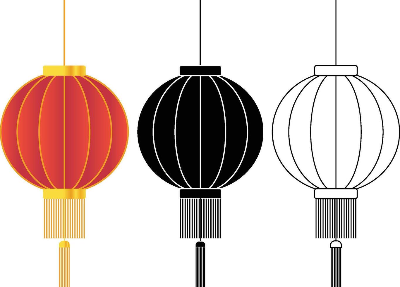 Red Circle Chinese Lantern with Gold Rope with Black Solid and Outline Version vector