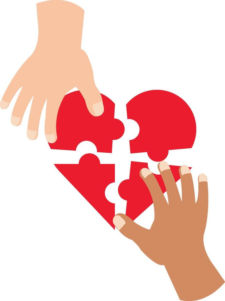 Red Love Puzzle with Two Hands with Light and Dark Skin vector