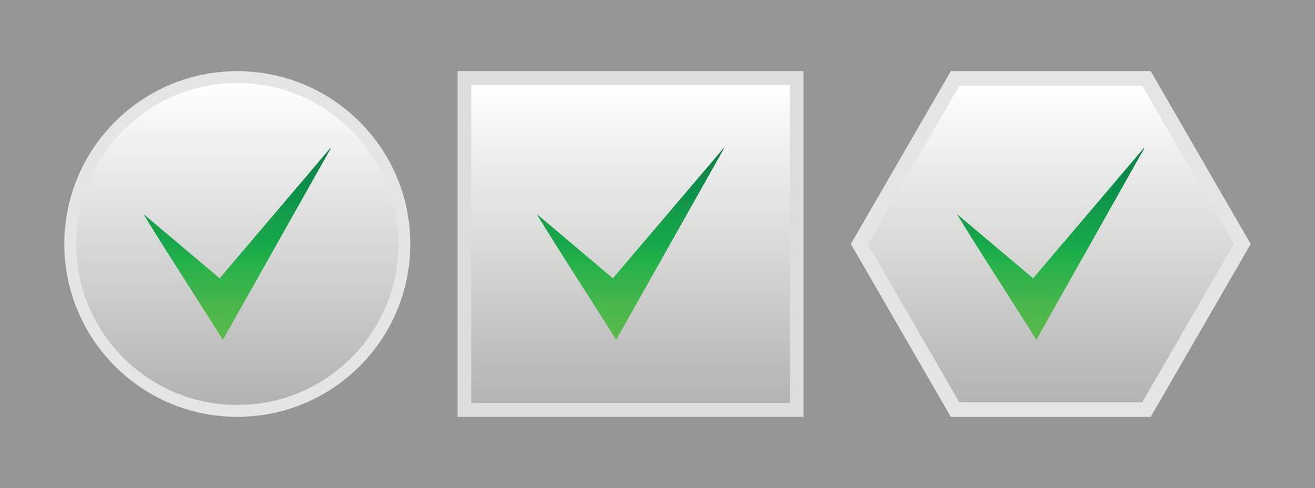 Green check mark with circle, square, and hexagonal shape frame. vector