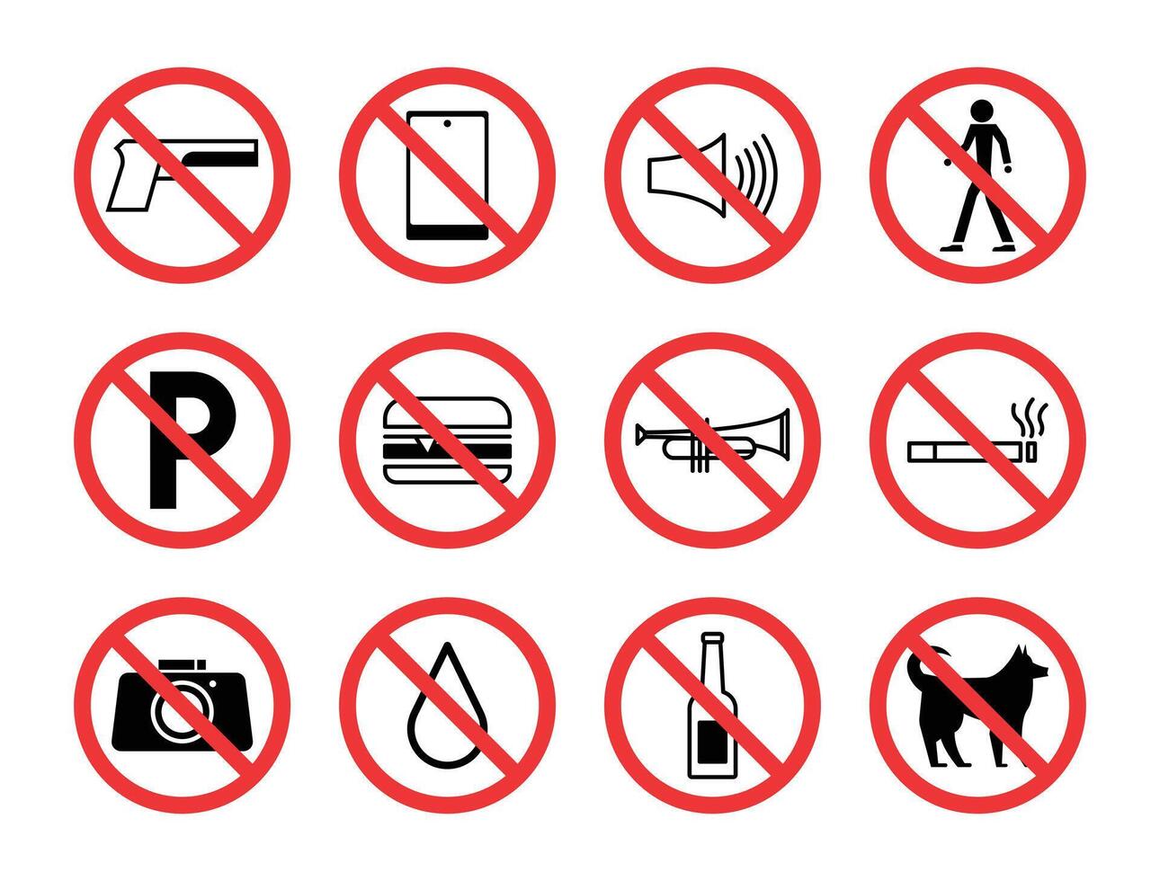 Prohibition sign set including no smoking, guns, smartphone, pets, camera, loud noise, parking, food, alcohol, water, and trespassing. vector