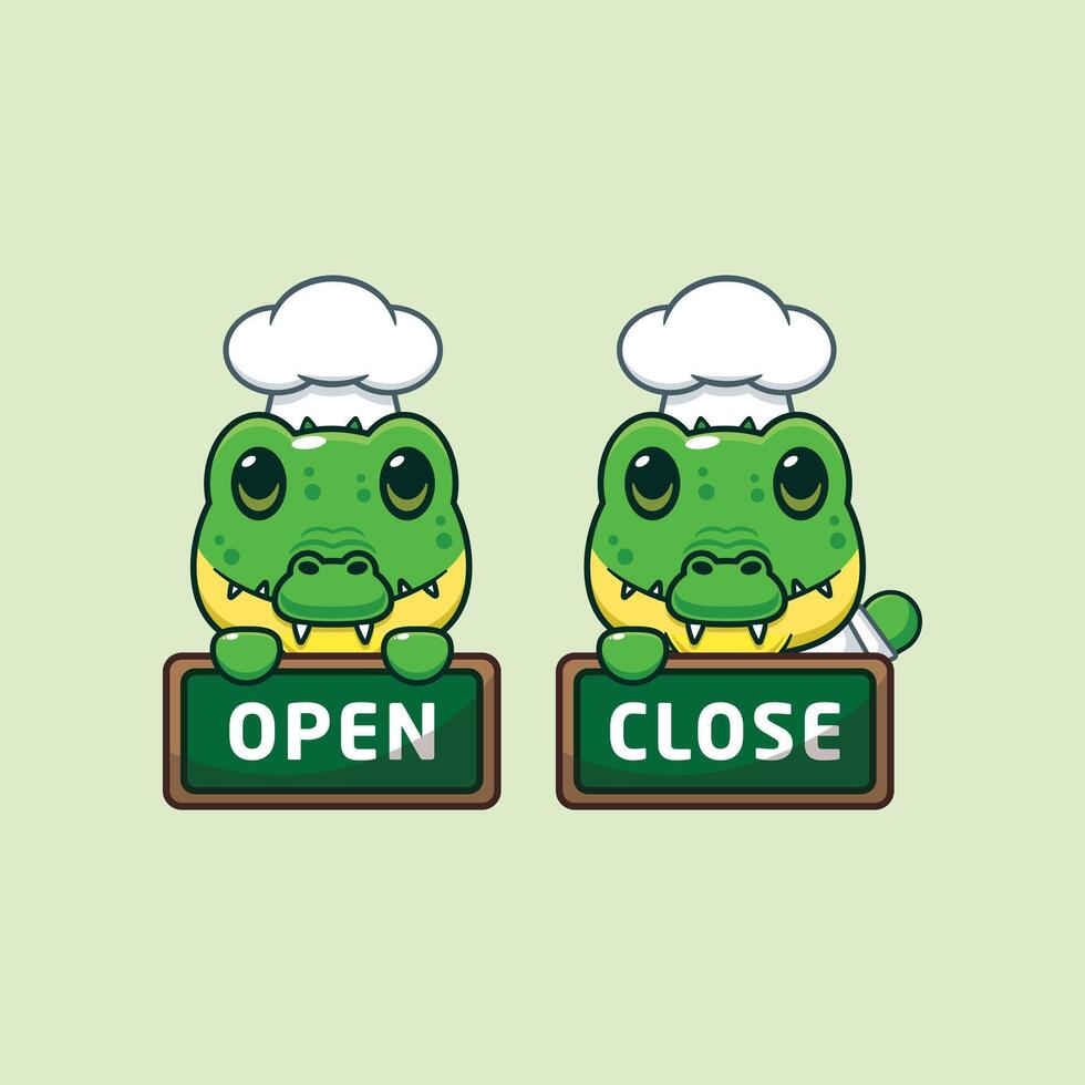 chef crocodile mascot cartoon character with open and close board vector