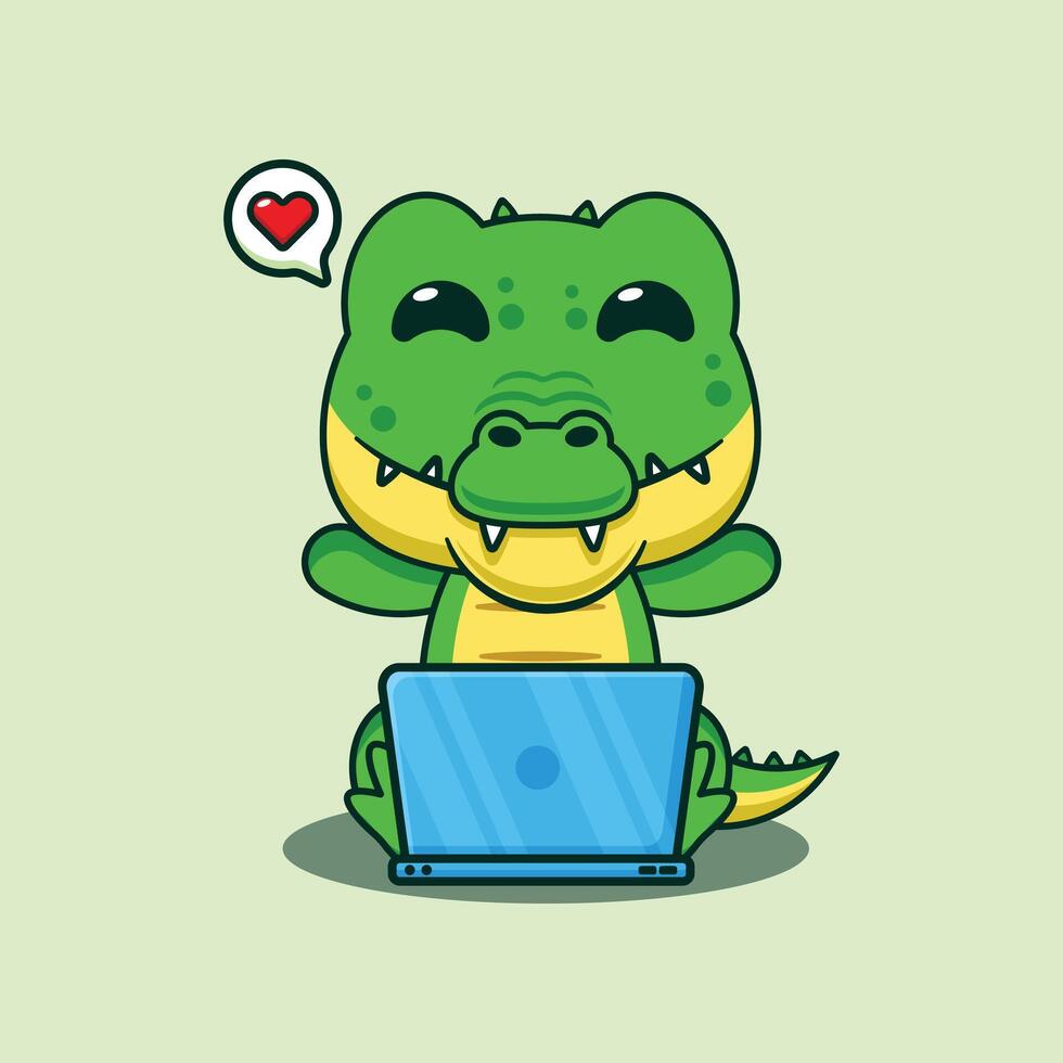 Crocodile with laptop cartoon illustration. vector