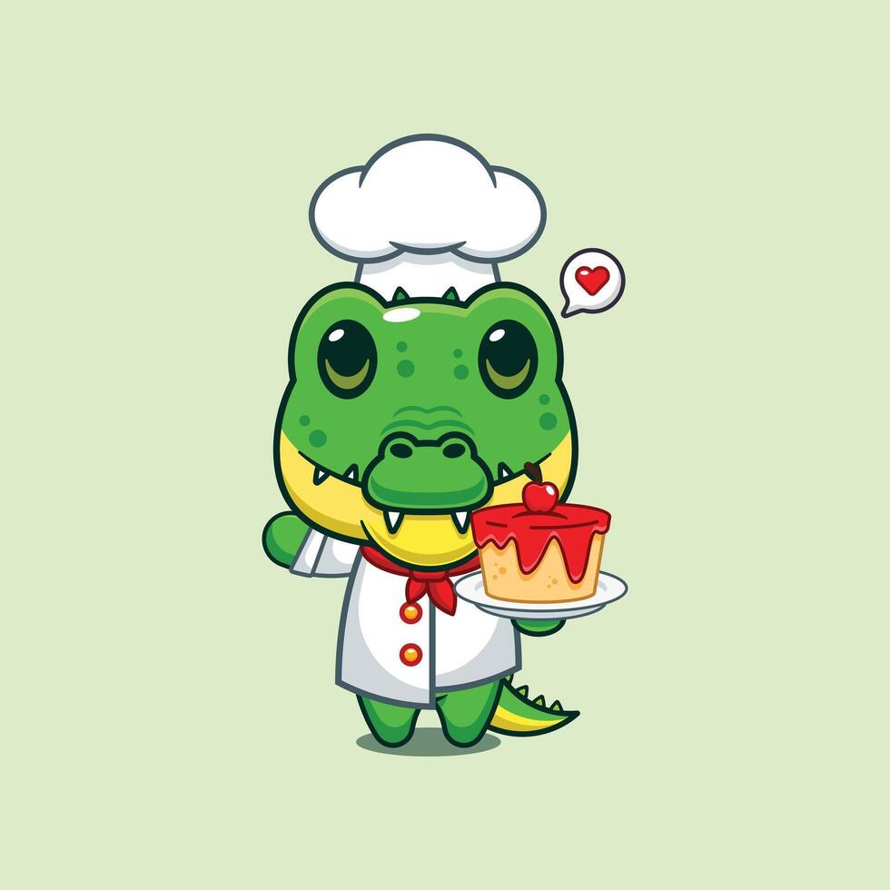 chef crocodile mascot cartoon character with cake vector