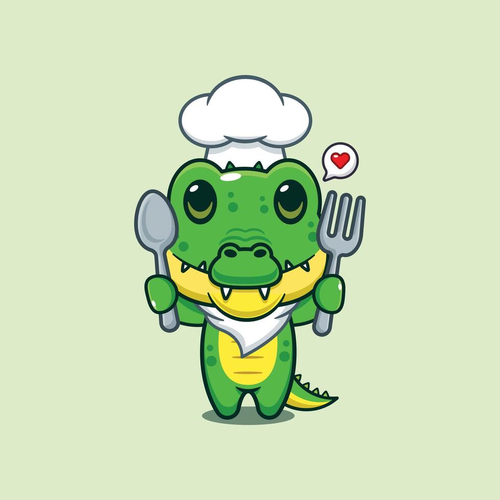 chef crocodile mascot cartoon character holding spoon and fork vector