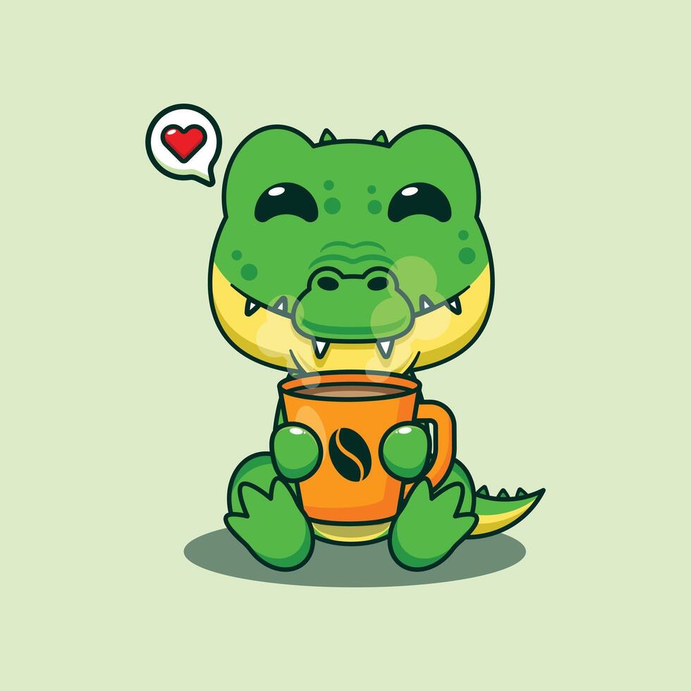 Crocodile with hot coffee cartoon illustration vector