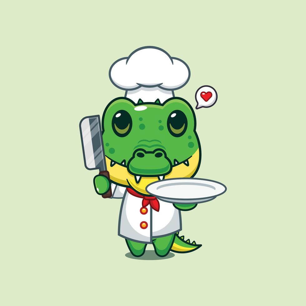 chef crocodile mascot cartoon character with knife and plate vector