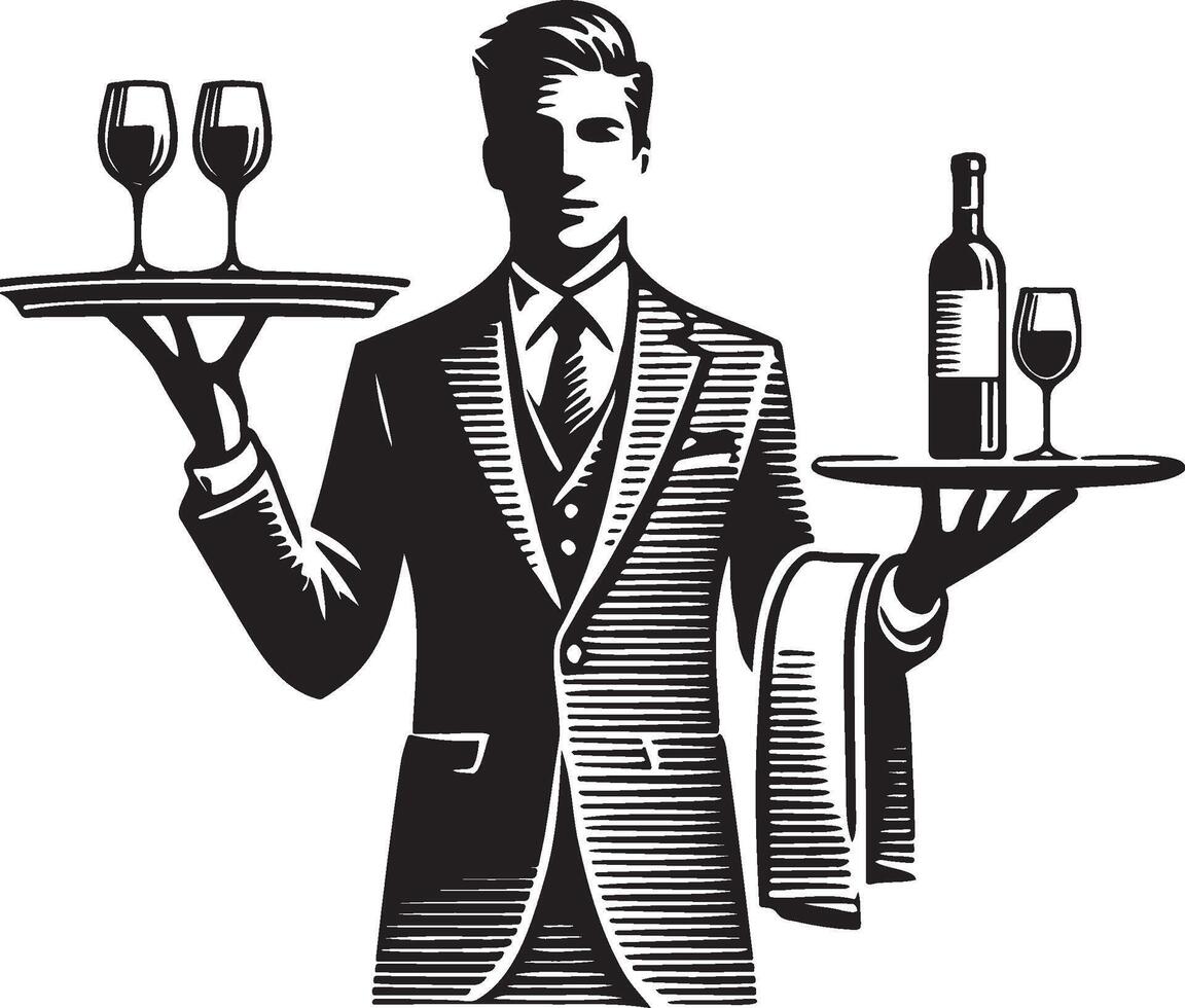 A Waiter Balancing a Wine Tray with Two Hands. vector