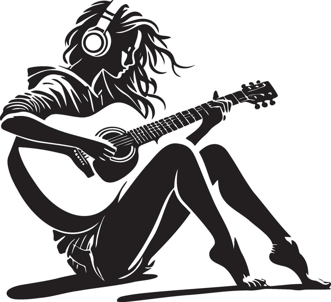 Woman Play Guitar Hair Flying Illustration. vector