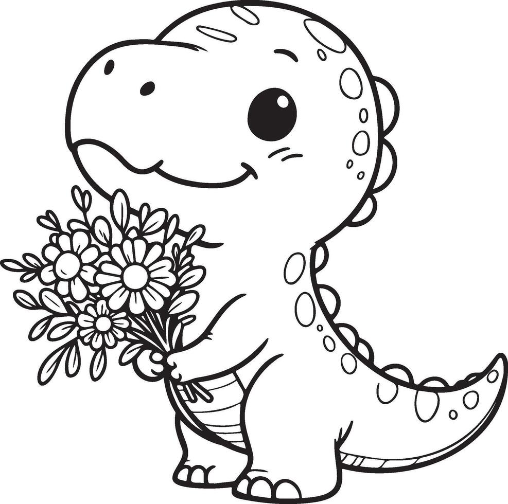 Cute Tyrannosaurus T-Rex Dinosaur Hold a Bouquet of Flowers. vector