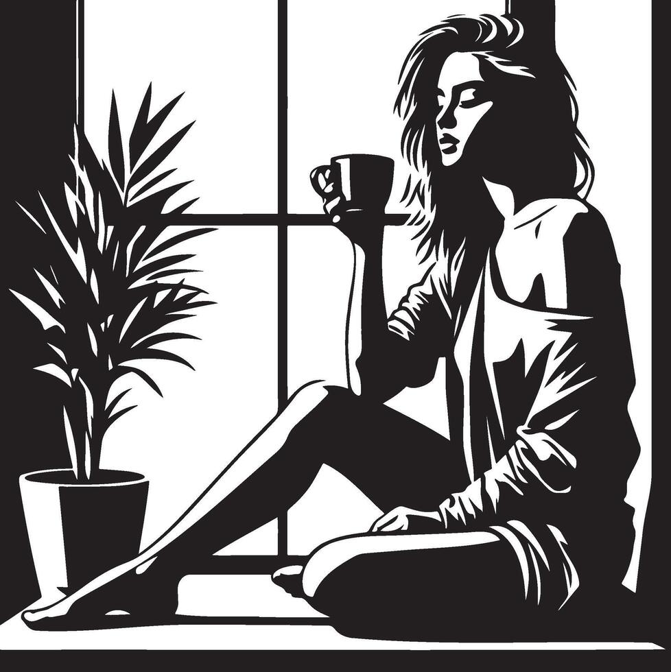 Woman Sitting on Windowsill and Drink Coffee at Home. vector