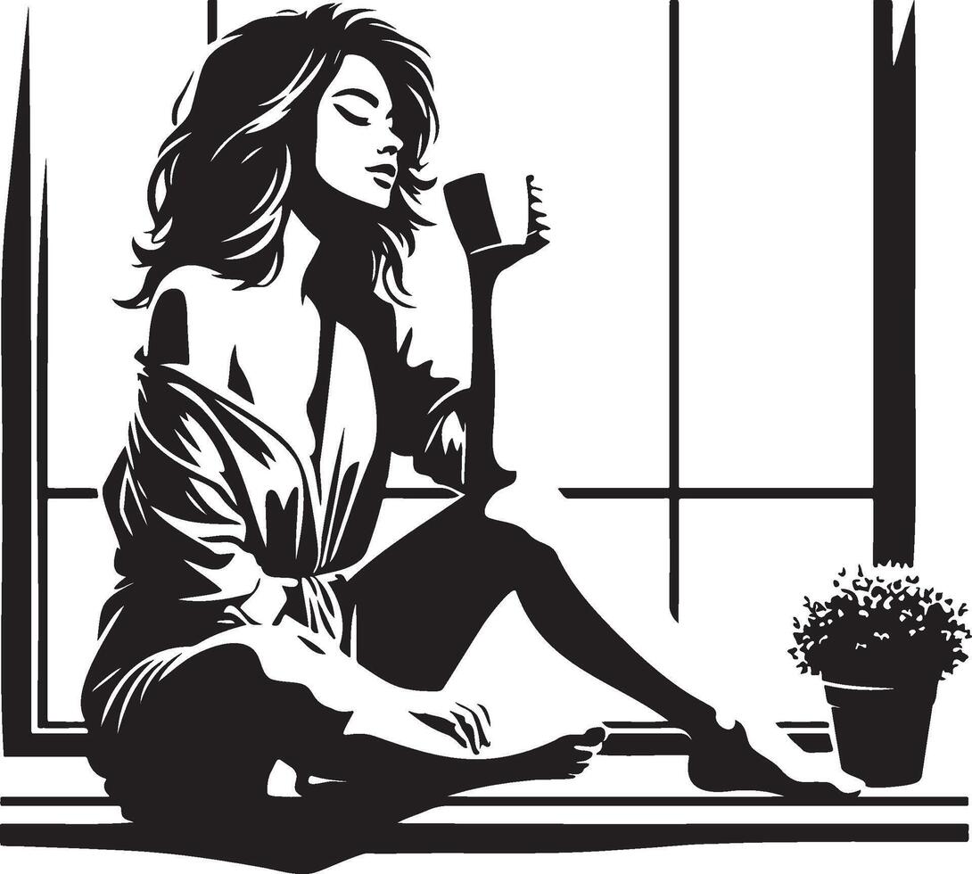 Woman Drink Coffee on Windowsill at Home. vector