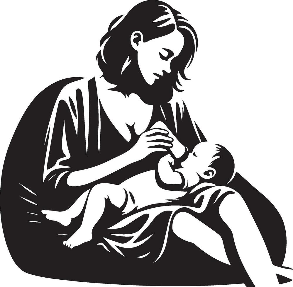 Mother Bottle Feeding Baby and Look at Baby Illustration. vector