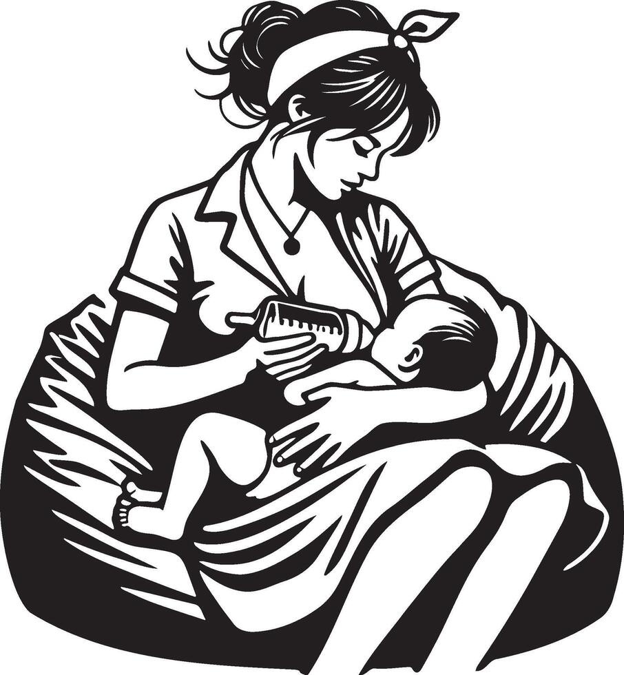 Mother Bottle Feeding Illustration. vector