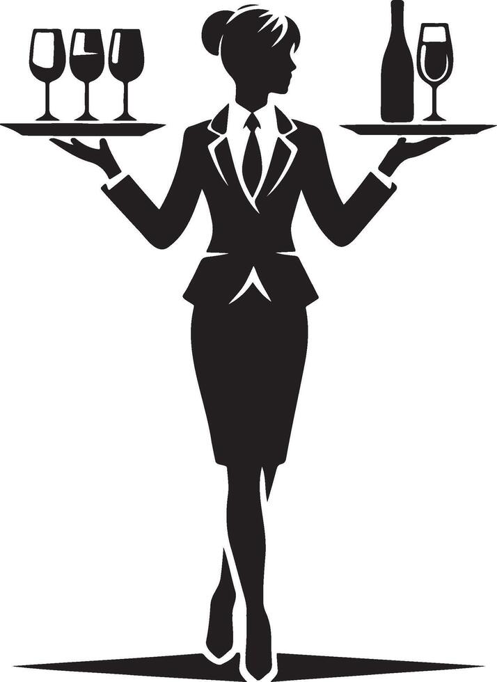 Waitress Balancing a Wine Tray with Two Hands. vector