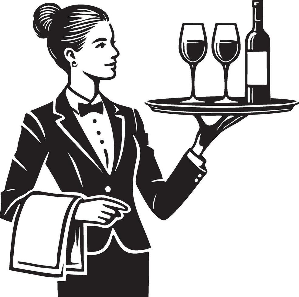 Waitress Balancing a Wine Tray. vector