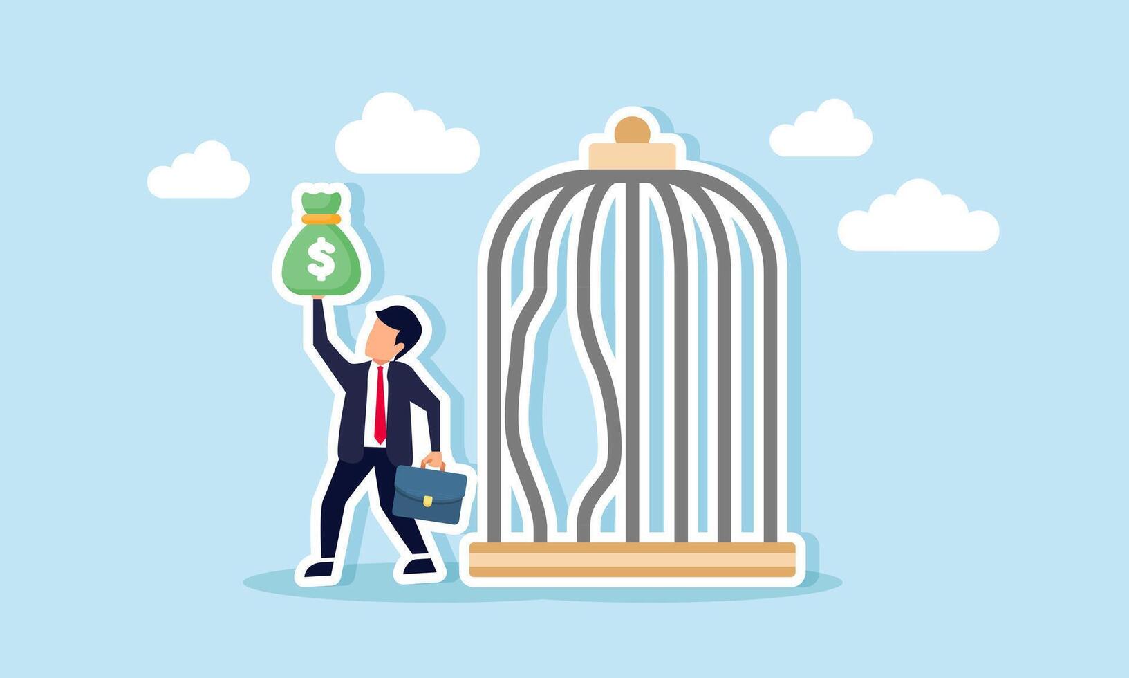 A businessman escapes from a pen showing a bag of money, illustration of overcoming business challenges due to the company's strong and stable finances vector