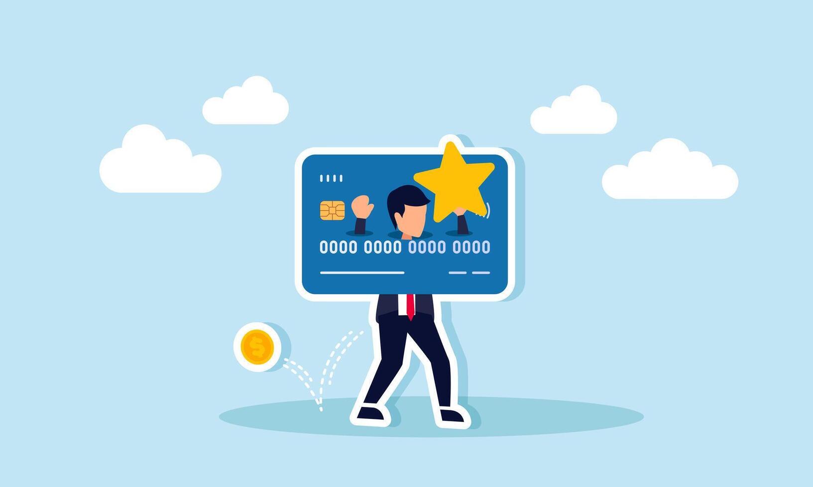 A businessman carries a star stuck on a debit or credit card with dollar coins falling from his pocket, illustration of quality being compromised due to debt burden vector