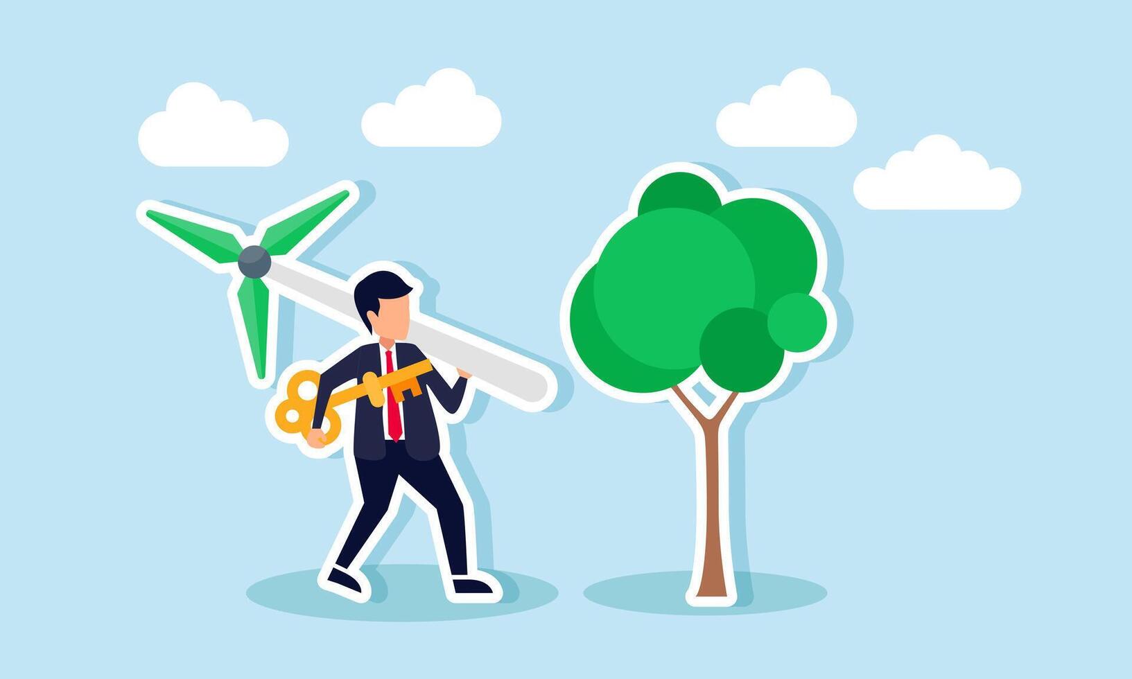 Businessman walking with a windmill and key towards a tree, illustration of business solutions in creating products with eco-friendly technology vector