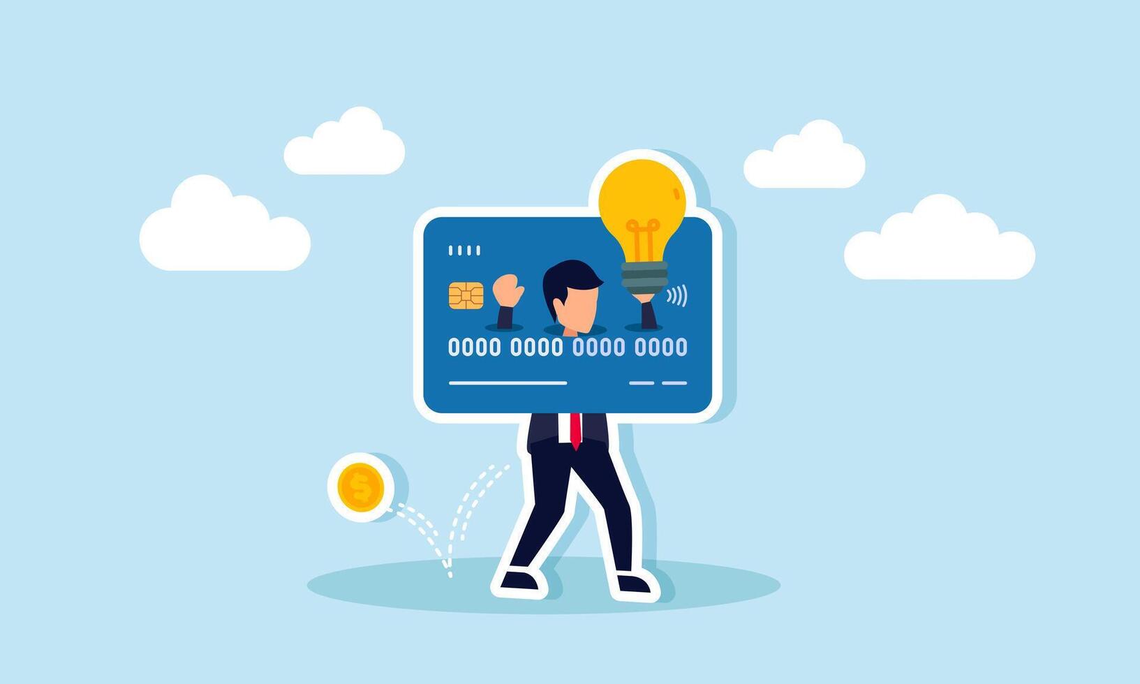 A businessman carries a lamp stuck on a debit or credit card with dollar coins falling from his pocket, illustration of limited creativity and declining financial assets due to debt burden vector