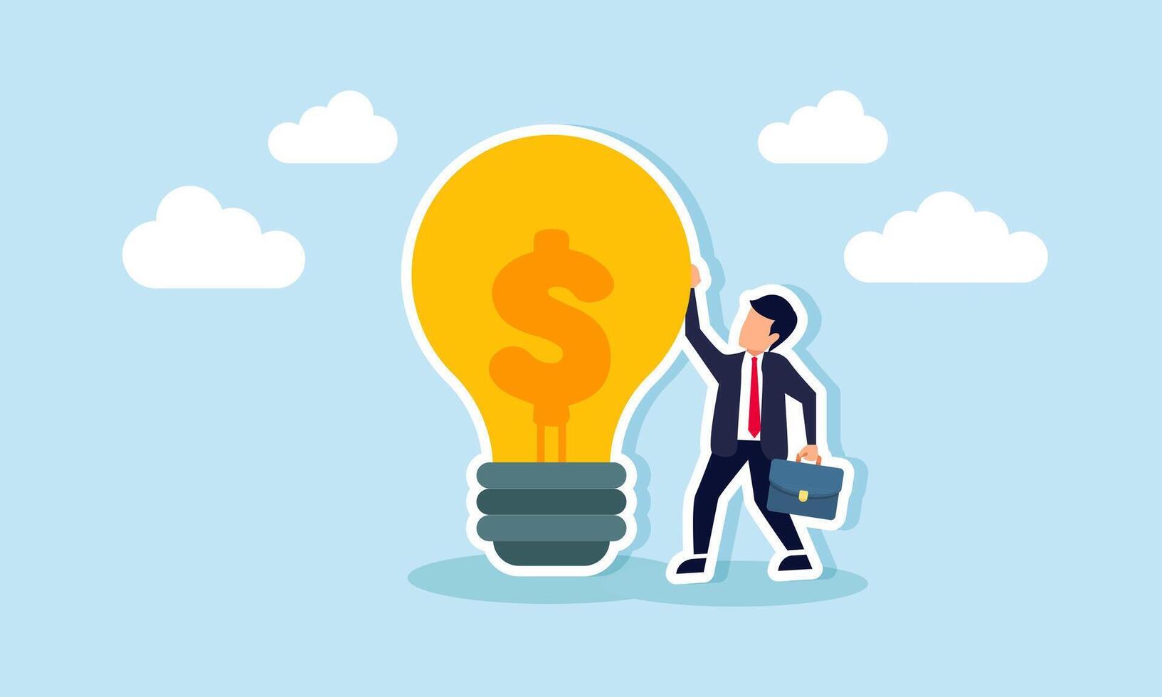 A businessman stands beside a lamp labeled with a dollar sign, illustration of creativity and business innovation as key factors in increasing business revenue vector