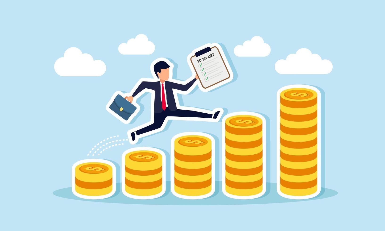 A businessman carry a to do list board runs and jumps over a stack of dollar coins form a chart, illustration of impressive progress in increase revenue along with complete business projects vector