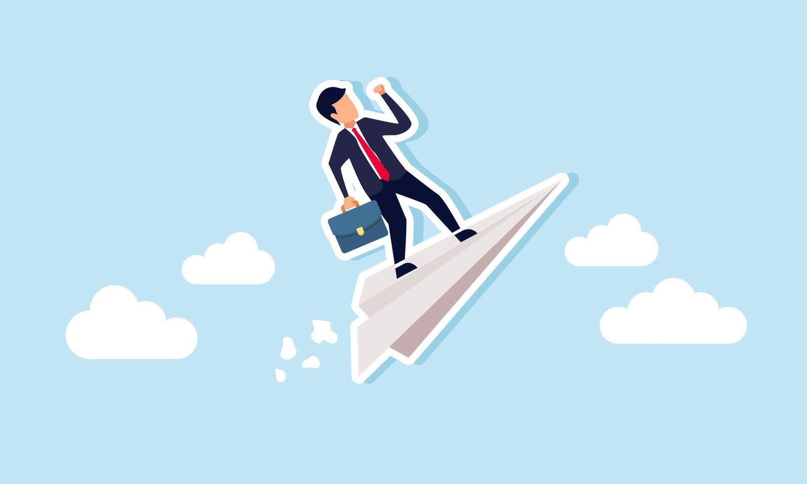 A businessman flies on a paper plane through the sky, illustration of increasing business progress vector