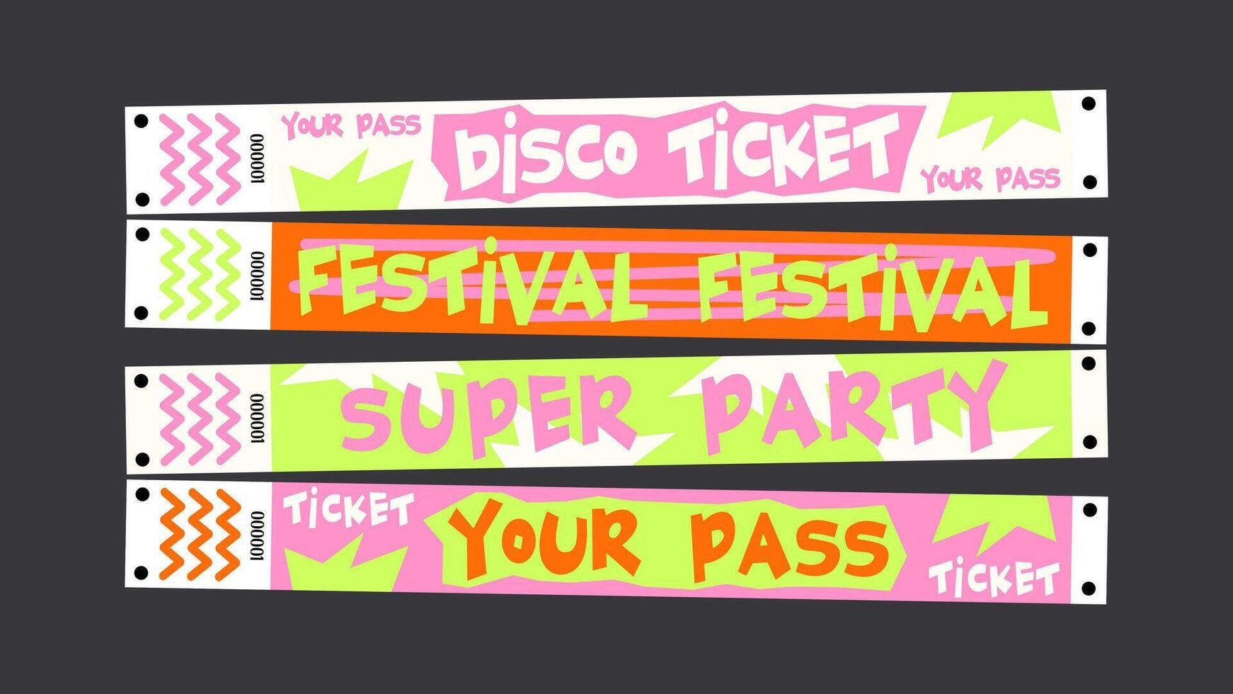 Control ticket bracelets for events, disco, festival, fan zone, party, staff. mockup of a festival bracelet in a futuristic cartoon groovy style vector