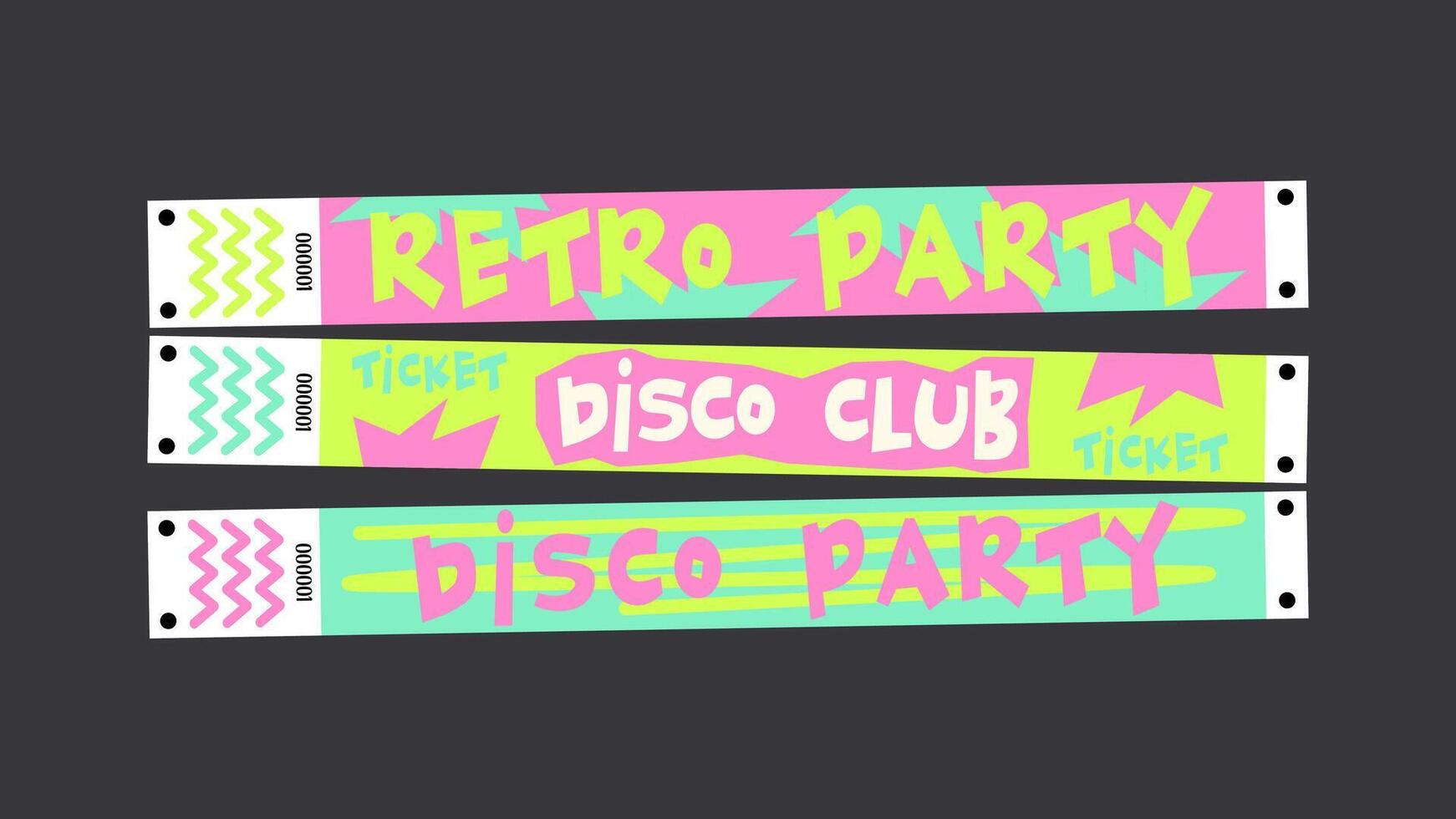 Control ticket bracelets for events, disco, festival, fan zone, party. mockup of a festival bracelet in a futuristic cartoon groovy style vector