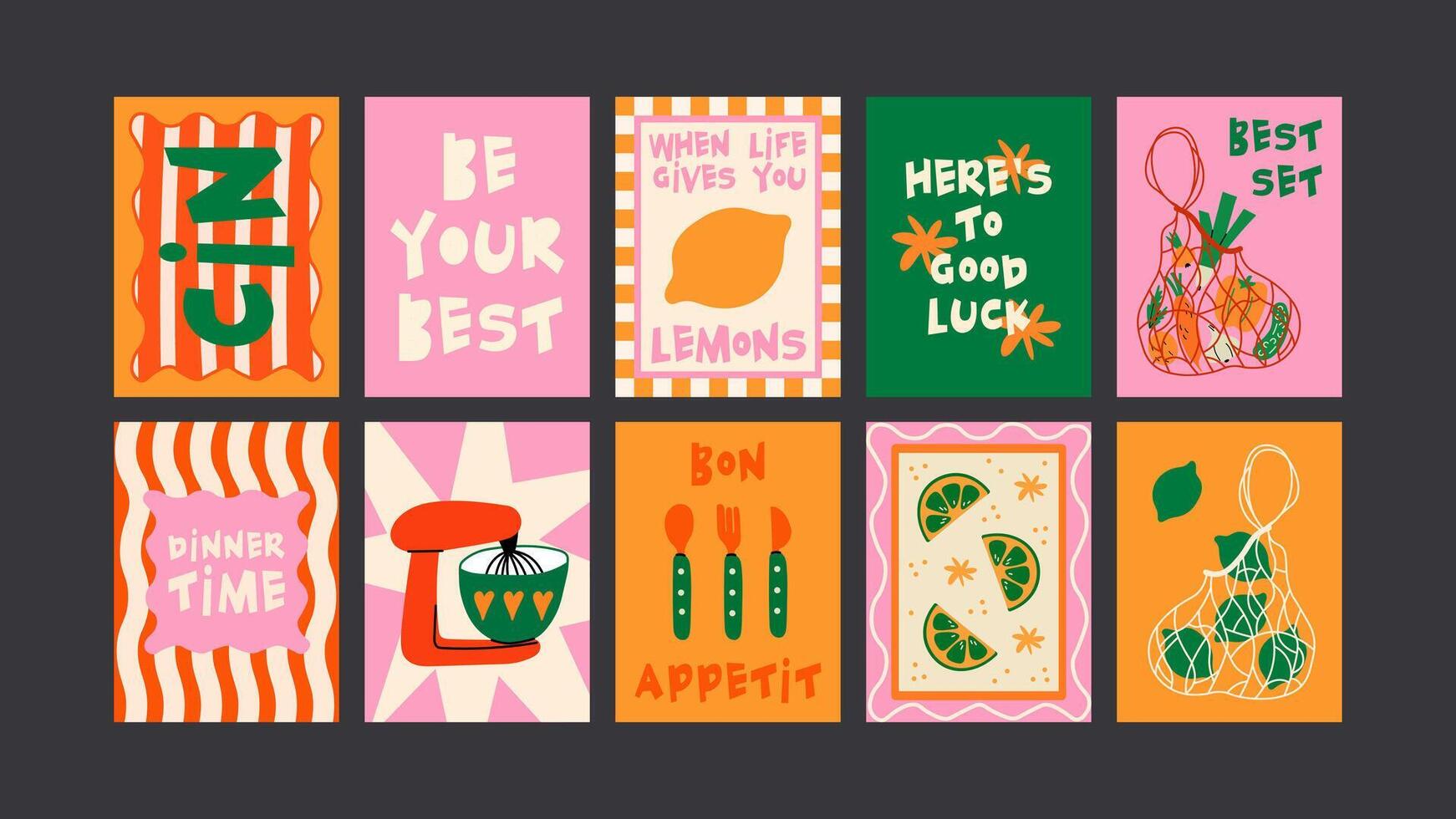 Stylish abstract food posters for kitchen decor. Matisse-inspired cartoon culinary art. Perfect for cafes, restaurants, and minimalist wall prints. vector