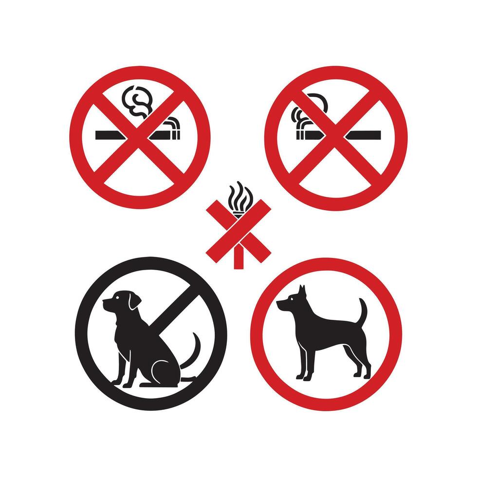 Prohibition Signs Smoking, Fire, and Dogs vector