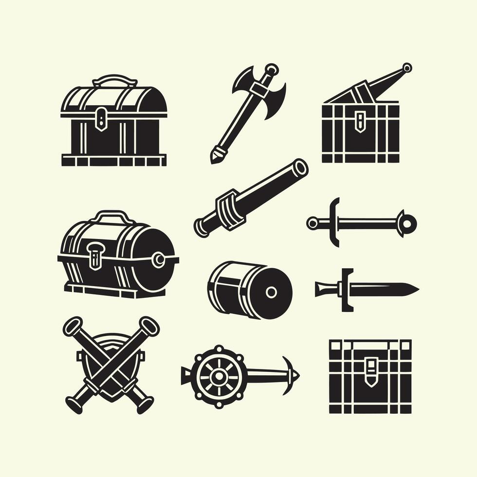 Collection of medieval weapons and treasure icons designed in black silhouette style for gaming or illustration vector