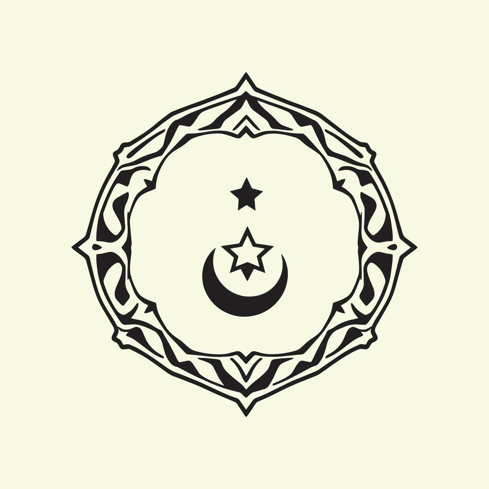 A black and white illustration of an ornate circular emblem featuring a crescent moon and two stars. The emblem is surrounded by a decorative border. vector