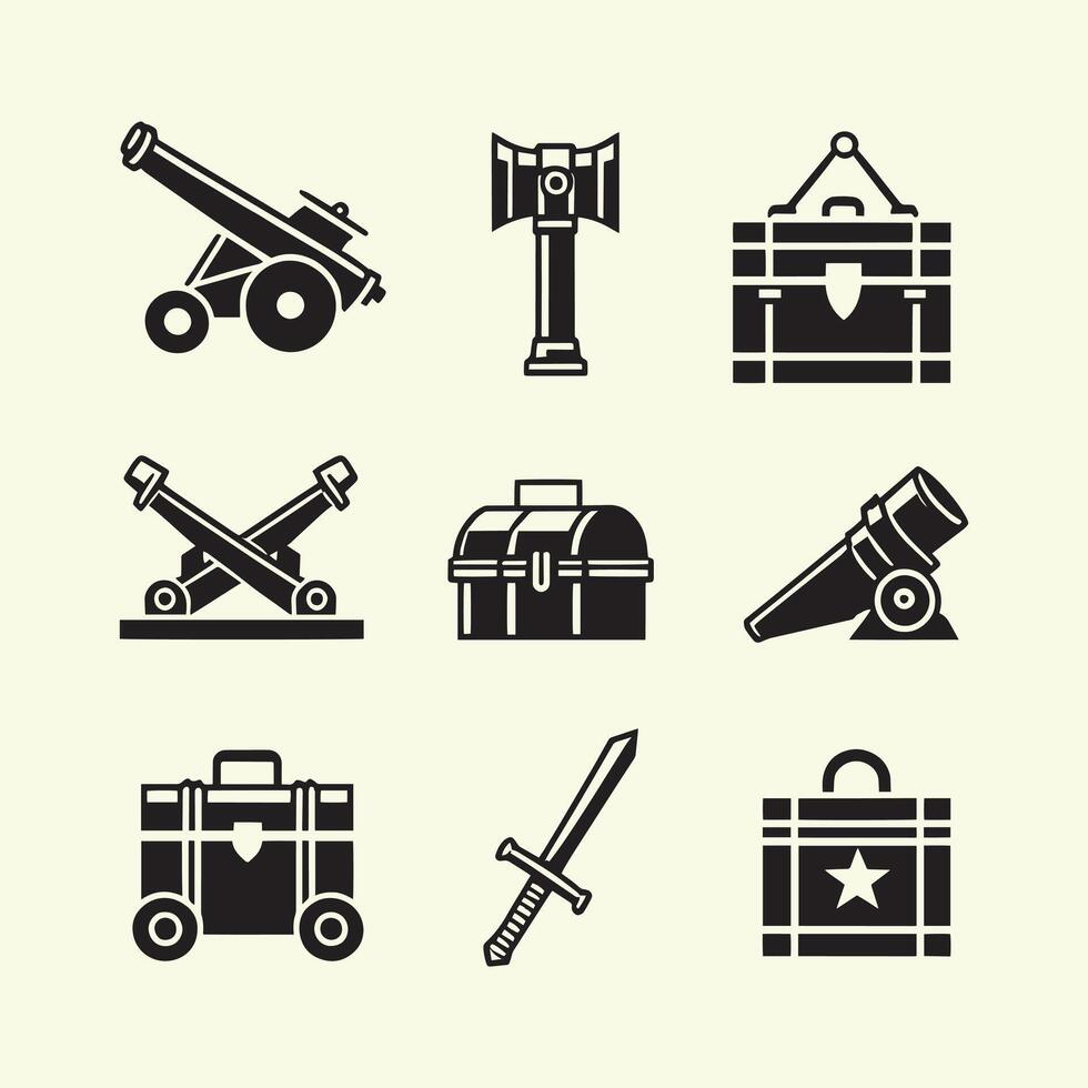 Military equipment icons representing historical weapons and tools for warfare and defense strategies vector