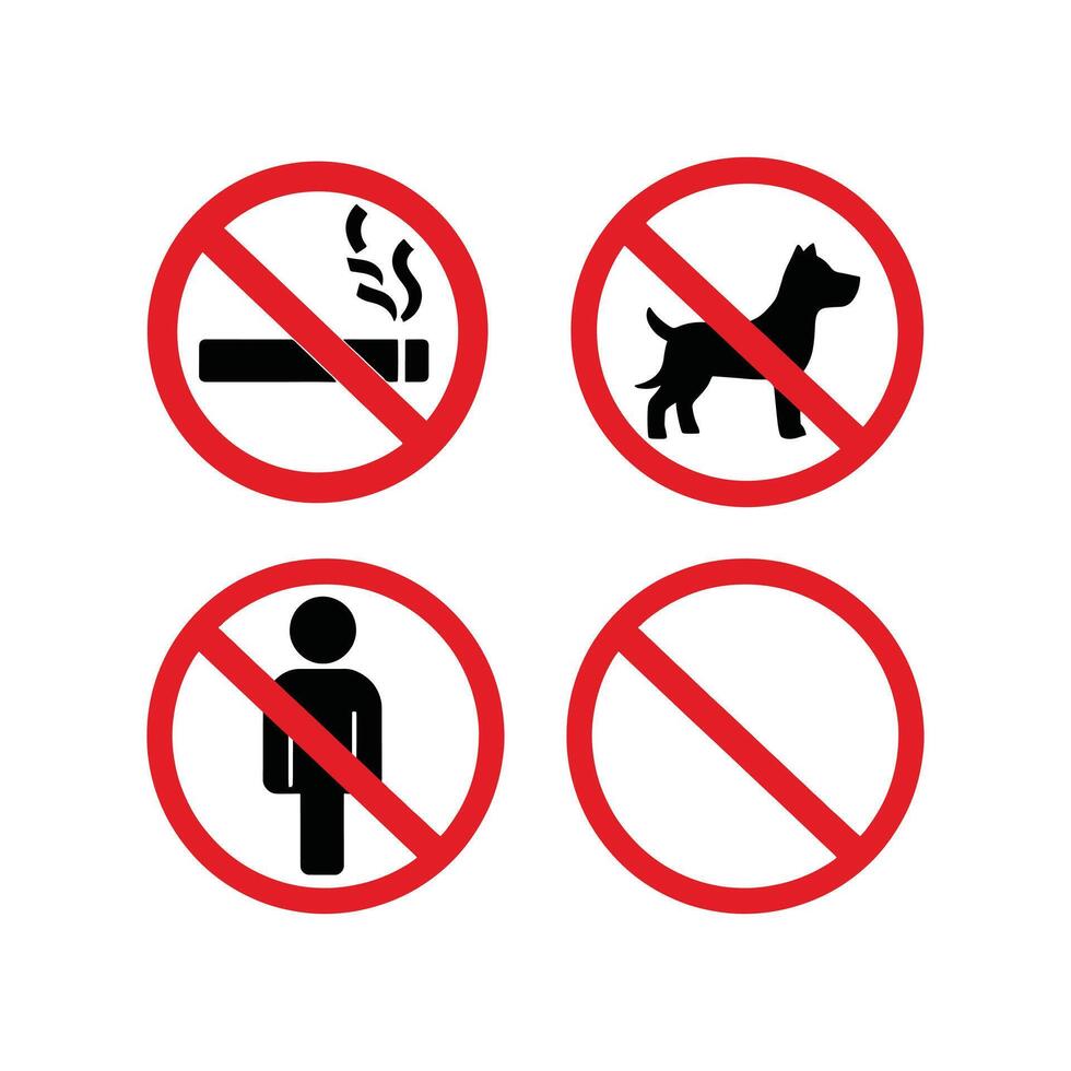 Set of four prohibition signs, including no smoking, no dogs, no entry, and a generic prohibition symbol. Simple, bold design. vector