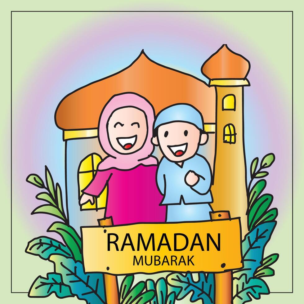 Ramadan Mubarak greetings with Muslim children in front of the mosque vector