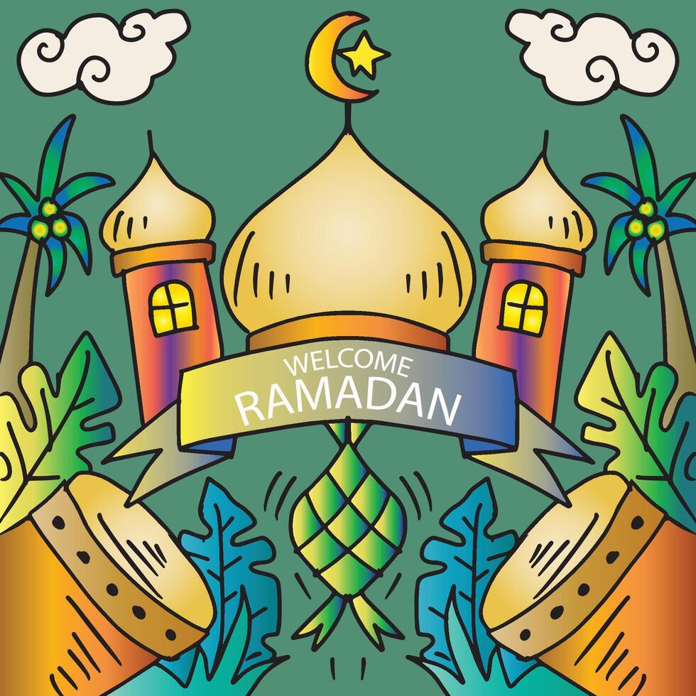 Ramadan greetings with mosque, two drums and ketupat vector