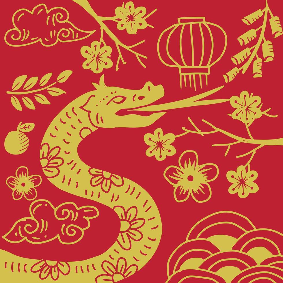 Chinese New Year symbol with dragon and flowers. vector