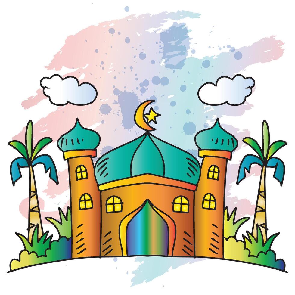 Beautifulmosque and coconut trees and ornamental plants with grunge background vector