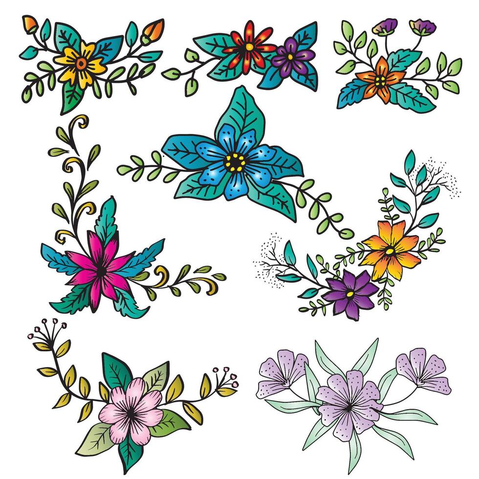 set of hand drawn flowers and leaves in doodle art vector
