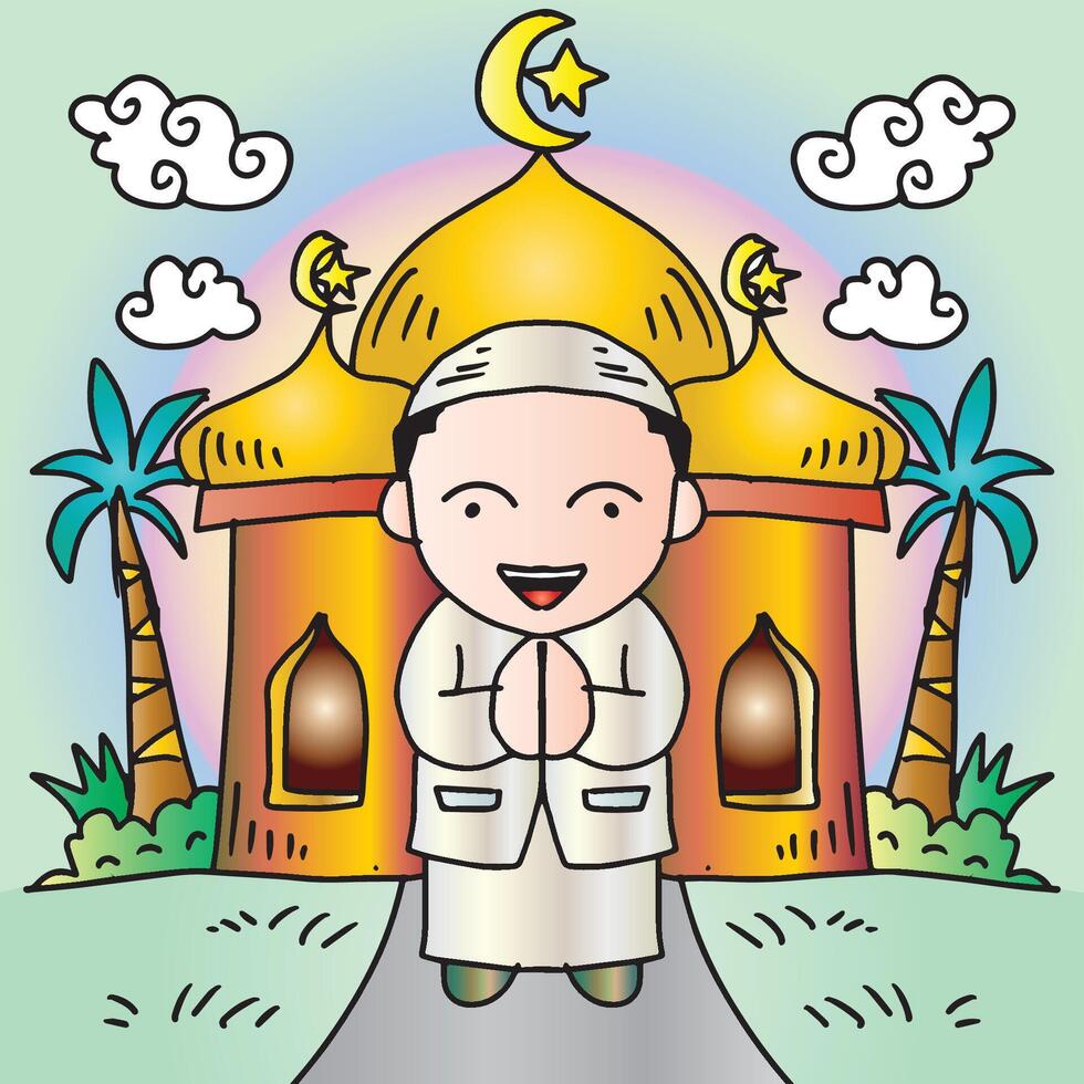 Muslim boy in front of the mosque vector