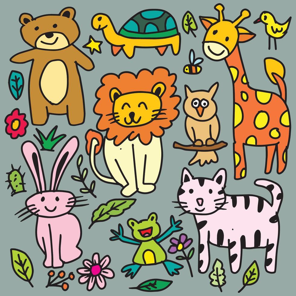 Cute hand drawn doodle animal set. vector