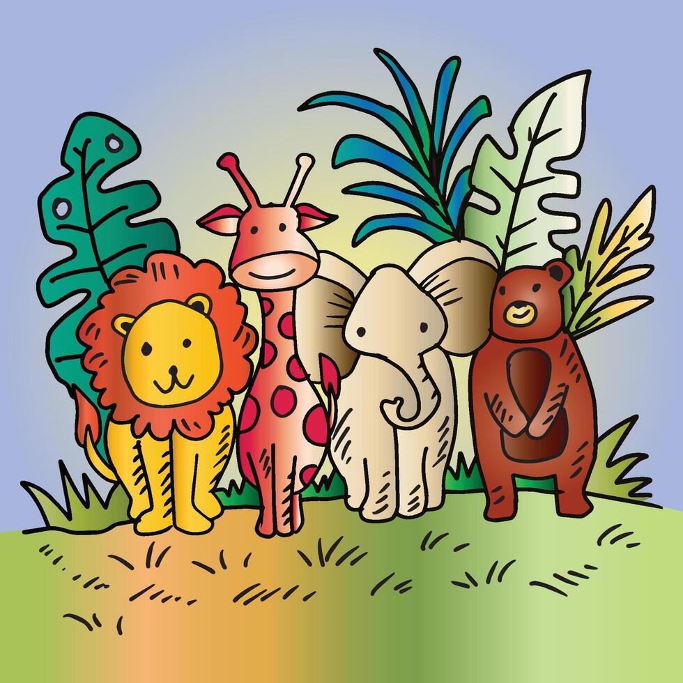 Illustration of a group of cute cartoon animals in the garden. vector